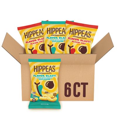 Hippeas Chickpea Puffs, Flavor Blast Variety Pack: Vegan White Cheddar Explosion and Blazin' Hot (Pack of 6), 4g Protein, 3g Fiber, Vegan, Gluten-Free, Crunchy, Plant Protein Snacks