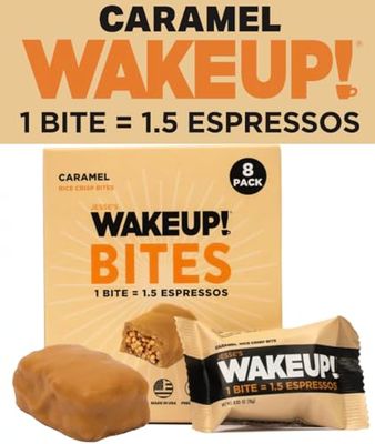 WAKE UP Caffeinated Caramel Protein Bites - Gluten Free, Vegetarian, 175mg Caffeine (1 Bite  1.5 Espressos) - Boosts Focus and Clarity - Kosher Ingredients - 8 Pack