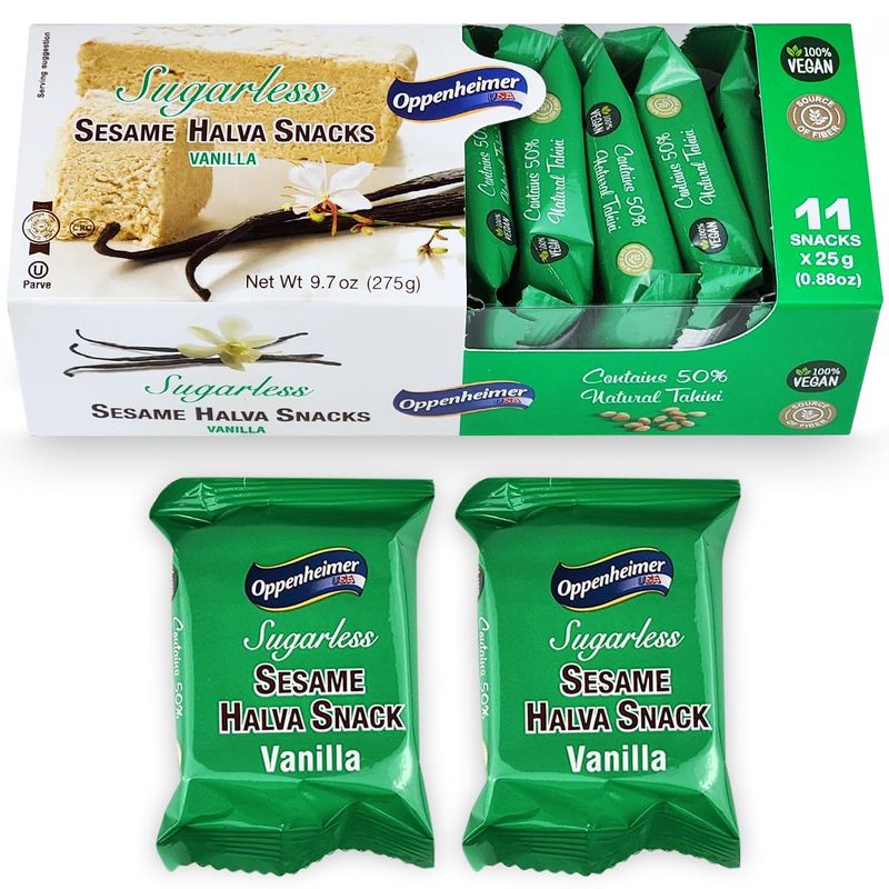 Sugarless Sesame Halva Snacks Vanilla Flavors - Delicious Sweet Israeli Mini Snacks Sesame Tahini Bars for Melt-in-Your Mouth Delight, Perfect Halvah for Any Occasion - Vegan, Kosher - 11 Pack, 9.7 Oz
