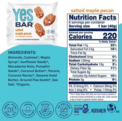 YES Bar - Salted Maple Pecan - Plant Based Protein, Decadent Snack Bar - Vegan, Paleo, Gluten Free, Dairy Free, Low Sugar, Healthy Snack, Breakfast, Low Carb, Keto Friendly (6 Count)
