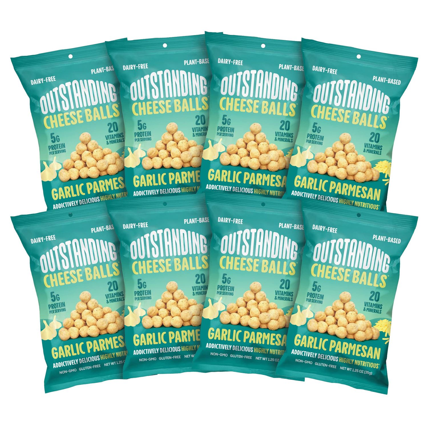 Outstanding Foods Outstanding Cheese Balls Garlic Parmesan - Plant Based Dairy Free, Gluten Free, Low Carb Cheese Snacks - Vegan Snacks With 20 Essential Vitamins and Minerals - 1.25 oz, 8 Pack