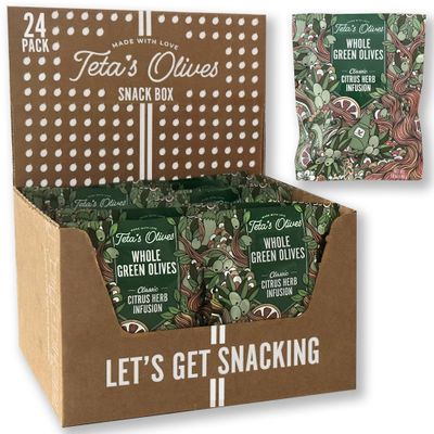 Teta&#39;s Double-Marinated Whole Green Olive Snacks, Citrus Herb, Vegan, Low Calorie &amp; Carb Healthy Office Snack, 1.6oz - 24 Pack