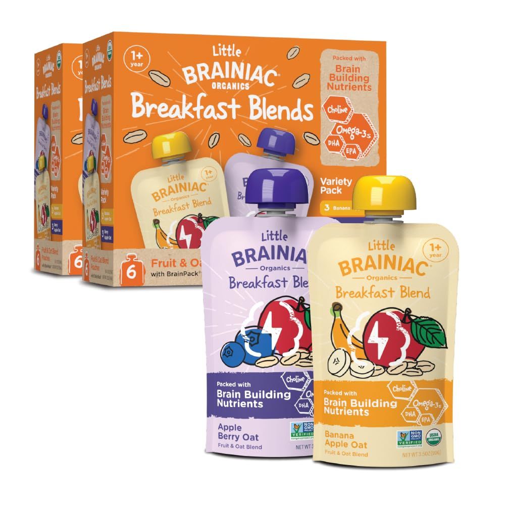 Little Brainiac Variety Pack Breakfast Blend Organic Fruit &amp; Oat Toddler Pouches, Banana Apple Oat &amp; Apple Berry Oat with Omega-3s DHAEPA &amp; Choline, Clean Label, BPA-Free, Non-GMO, 3.5 oz, Pack of 12