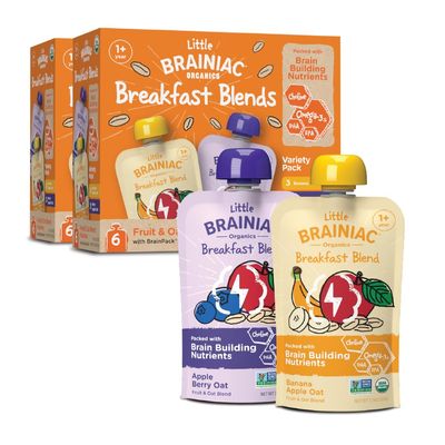 Little Brainiac Variety Pack Breakfast Blend Organic Fruit &amp; Oat Toddler Pouches, Banana Apple Oat &amp; Apple Berry Oat with Omega-3s DHAEPA &amp; Choline, Clean Label, BPA-Free, Non-GMO, 3.5 oz, Pack of 12