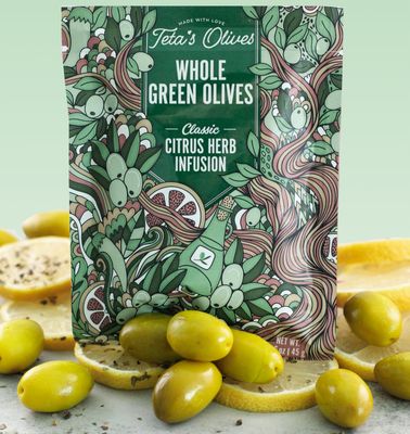 Teta's Double-Marinated Whole Green Olive Snacks, Citrus Herb, Vegan, Low Calorie &amp; Carb Healthy Office Snack, 1.6oz - 24 Pack