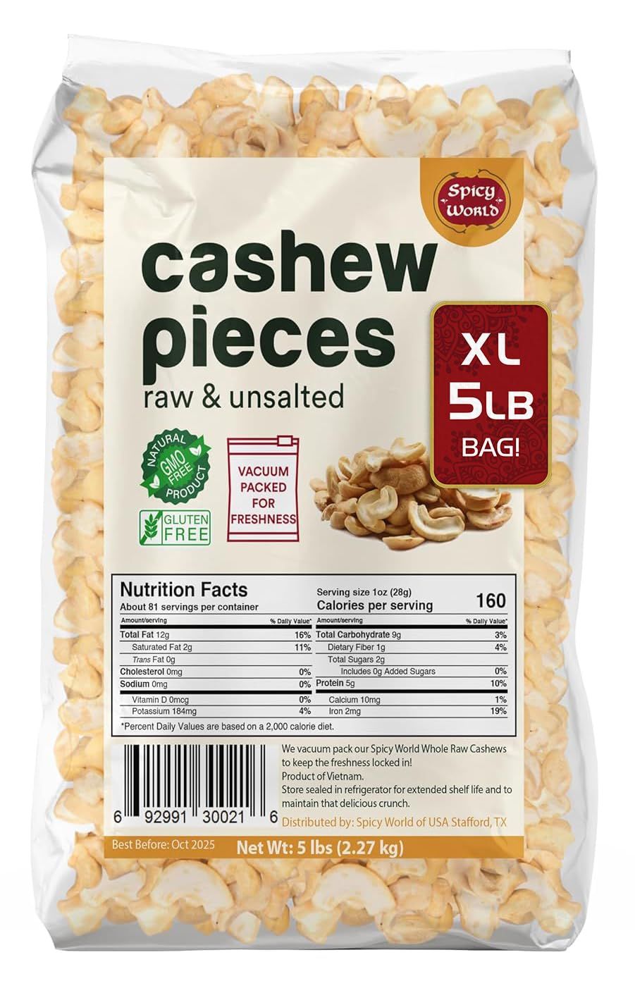 Spicy World Raw Cashew Pieces 80oz (5 LBS) - Natural Bulk Unroasted &amp; Unsalted Cashews for Cooking, Baking &amp; Topping, Gluten Free, Vegan, Keto, Paleo, Non-GMO in Vacuum Packed Bag