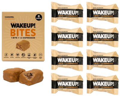 WAKE UP Caffeinated Caramel Protein Bites - Gluten Free, Vegetarian, 175mg Caffeine (1 Bite  1.5 Espressos) - Boosts Focus and Clarity - Kosher Ingredients - 8 Pack