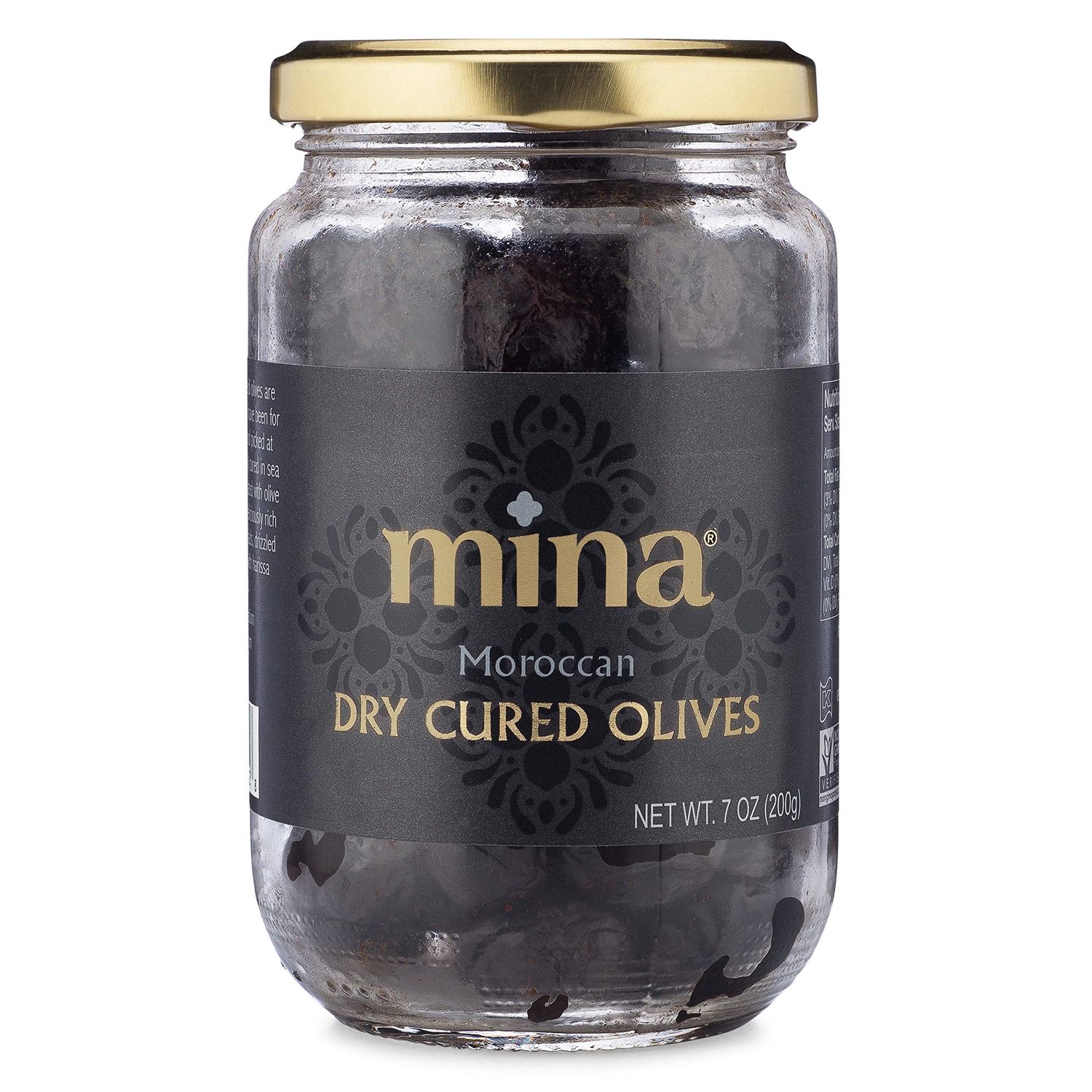 Mina Dry Cured Black Olives, 7 oz - Moroccan Olive Oil Cured Olives, Premium Handpicked and Naturally Cured Dried Olives, Non GMO, Gluten Free, Low Carb, Vegan, Great Paleo Keto Snacks