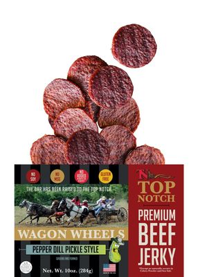 Top Notch Wagon Wheels Jerky - 10 oz Bag of Beef Jerky - High Protein Snacks for Kids and Adults Made From Locally Raised Beef - Flavorful Rounds of Premium Beef Jerky (Pepper Dill Pickle)