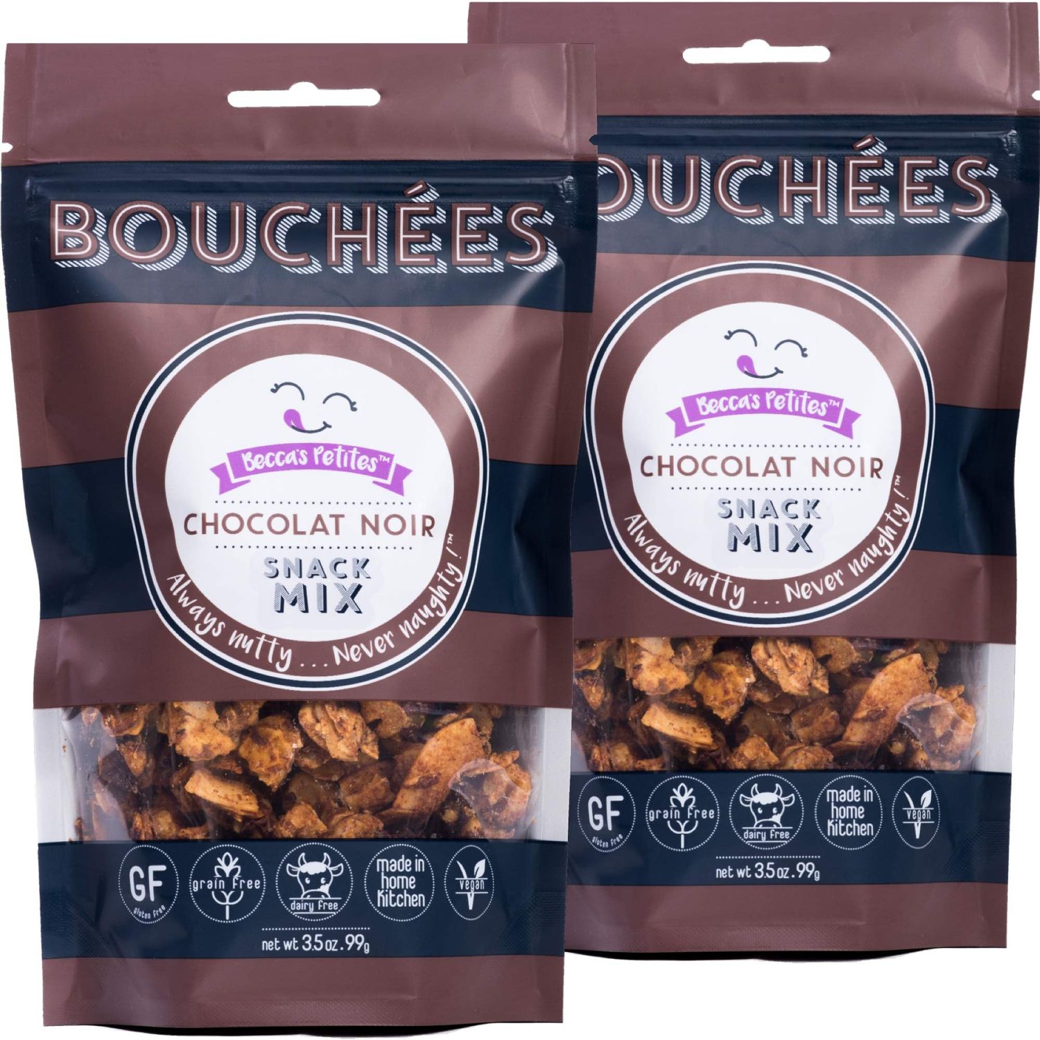 Beccas Petites Trail Mix - Low Carb Healthy Snack Mix - Premium Mixed Nuts with Dark Chocolate - Great as or on Cereal, and as a Healthy Snack - Gluten Free, Grain Free, Non GMO, 3.5 Oz Bag (2-Pack)