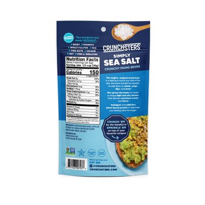 Crunchsters Sprouted Mung Beans, Plant-Based Protein Super-Snack and Salad Topper, Gluten-Free, Nut-Free, Vegan, 7g ProteinServing, 1.3oz. Bags, Sea Salt, 1-Pack