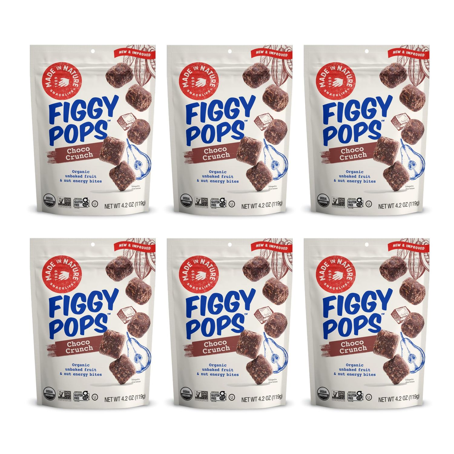 Made In Nature Organic Figgy Pops, Choco Crunch, 4.2 Ounce (Pack of 6) - Unbaked Fruit &amp; Nut Energy Bites, Non-GMO, Gluten Free, Vegan