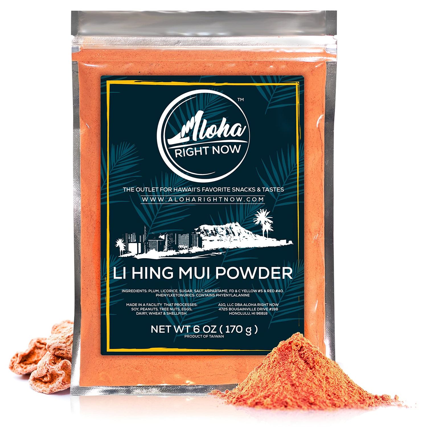 Aloha Right Now Authentic Li Hing Mui Powder 6 oz - for flavoring fruits, candy, &amp; cocktail drinks - Sweet, Sour &amp; Salted Dried Plum Powder - Asian Hawaiian Snacks - Hawaii&#39;s Crack Seed &amp; Powder Candy