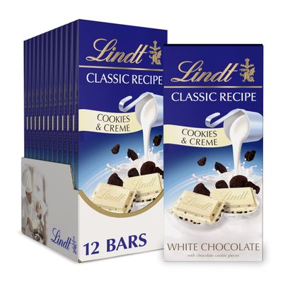 Lindt CLASSIC RECIPE Cookies and Creme White Chocolate Candy Bar, White Chocolate Candy with Chocolate Cookie Pieces, 4.2 oz. (12 Pack)