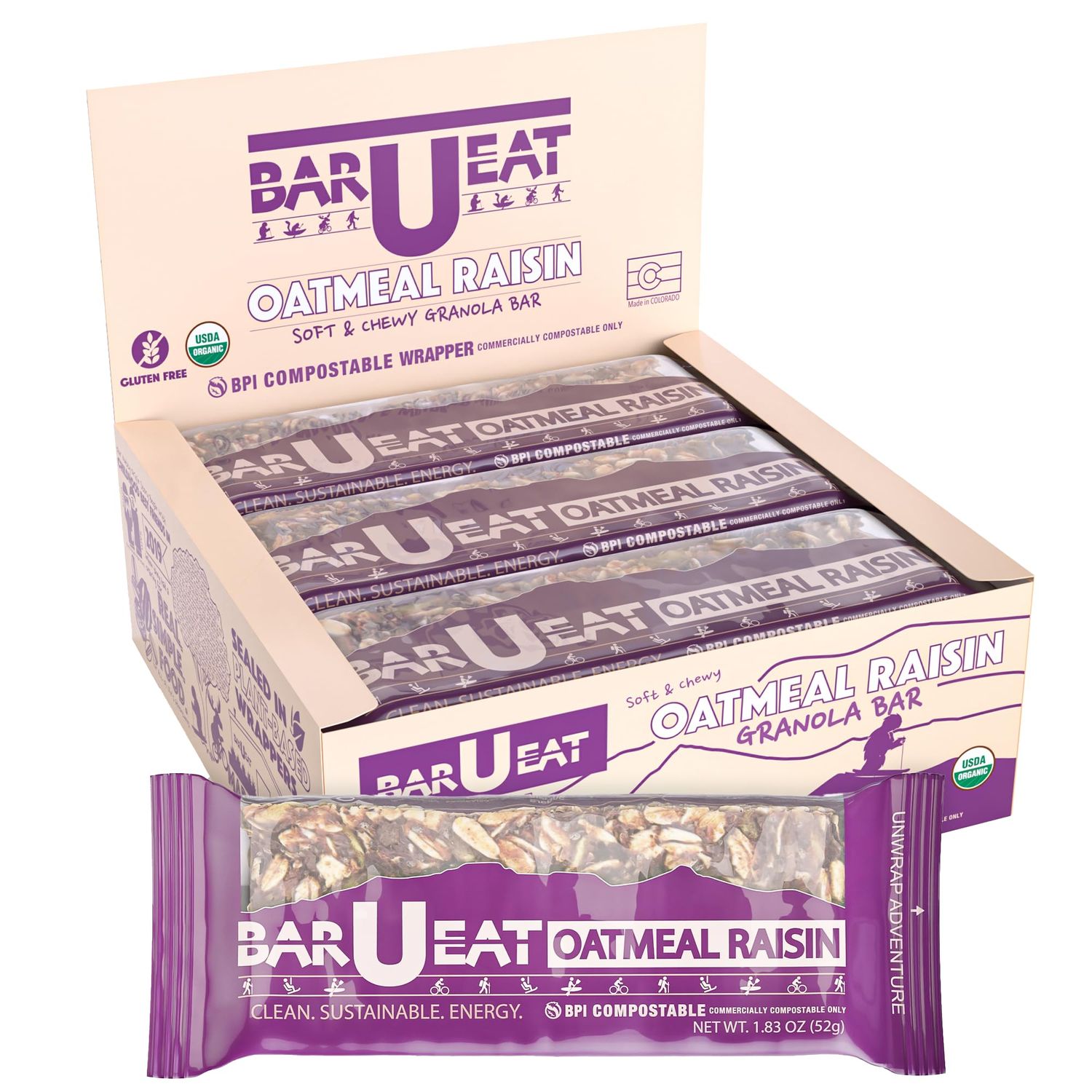BAR-U-EAT Gluten-Free, Organic, Soft &amp; Chewy Energy Bar. Whole Food Ingredients | Compostable Packaging | No Artificial Sugar | Healthy Snacks (Oatmeal Raisin 12 Pack)