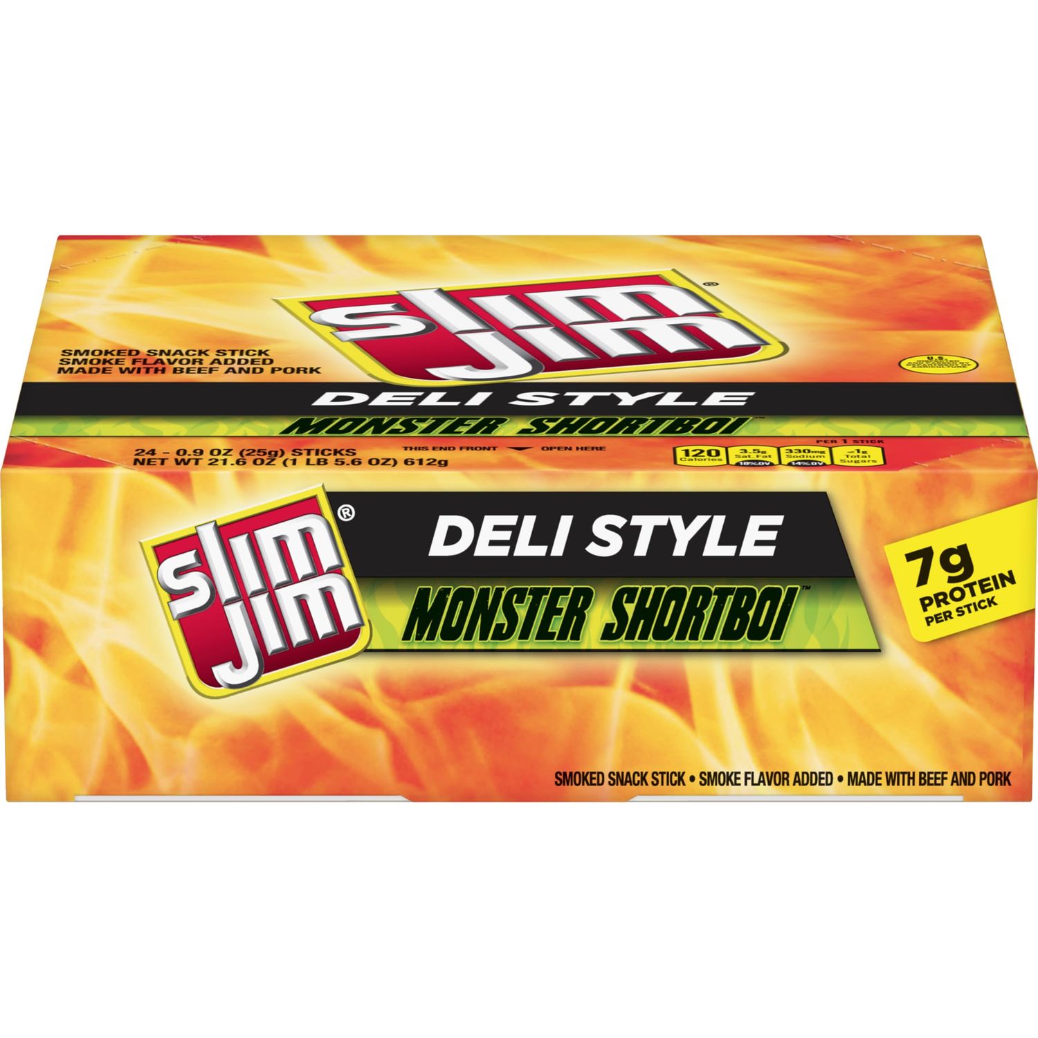 Slim Jim Monster Shortboi Smoked Meat Sticks, Deli Style Original Flavor, 7g Protein Per Stick, Snack Size, 0.9 oz. (24 Count)