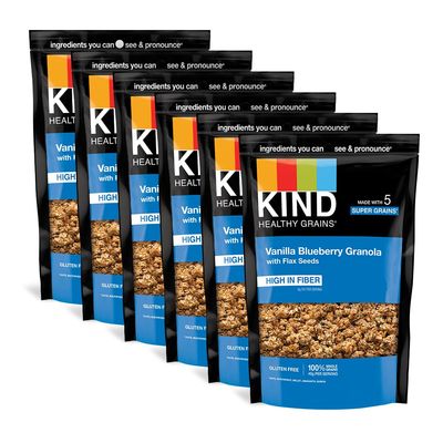 KIND HEALTHY GRAINS Granola, Healthy Snack, Vanilla Blueberry Granola with Flax Seeds, Snack Mix, 11 OZ (6 Bags)