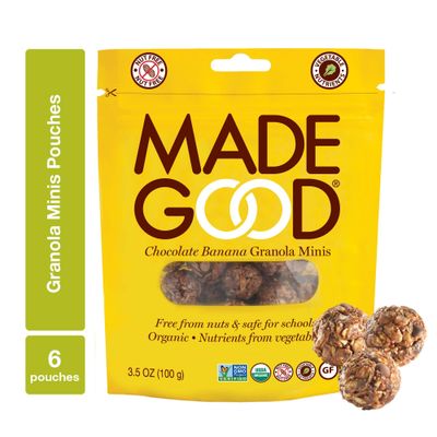 MadeGood Chocolate Banana Granola Minis, 6 Pouches (3.5ozeach); Wholesome and Delicious Bite-Sized Snacks; Organic; Made with Allergy Friendly Ingredients; Ideal for School Safe Lunches and Snacks