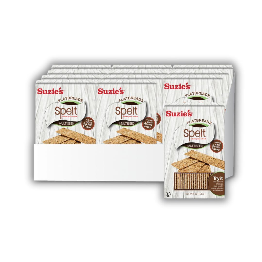 Suzie&#39;s Spelt Multi-seed Flatbread Crackers| Pack of 12 | Low-Fat &amp; Vegan, Kosher, Whoelgrain | Healthy Snack Option | 4.6 oz each
