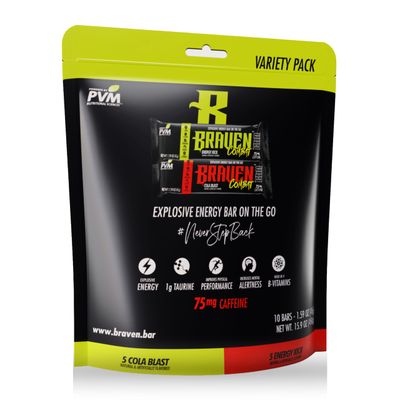 Braven Combat Variety Pack Energy Bars with Caffeine (1.59 oz, Pack of 10) - On-The-Go Energy Bars with 75mg Caffeine - Gluten Free Energy Snacks - Alternative to Energy Chews with Caffeine