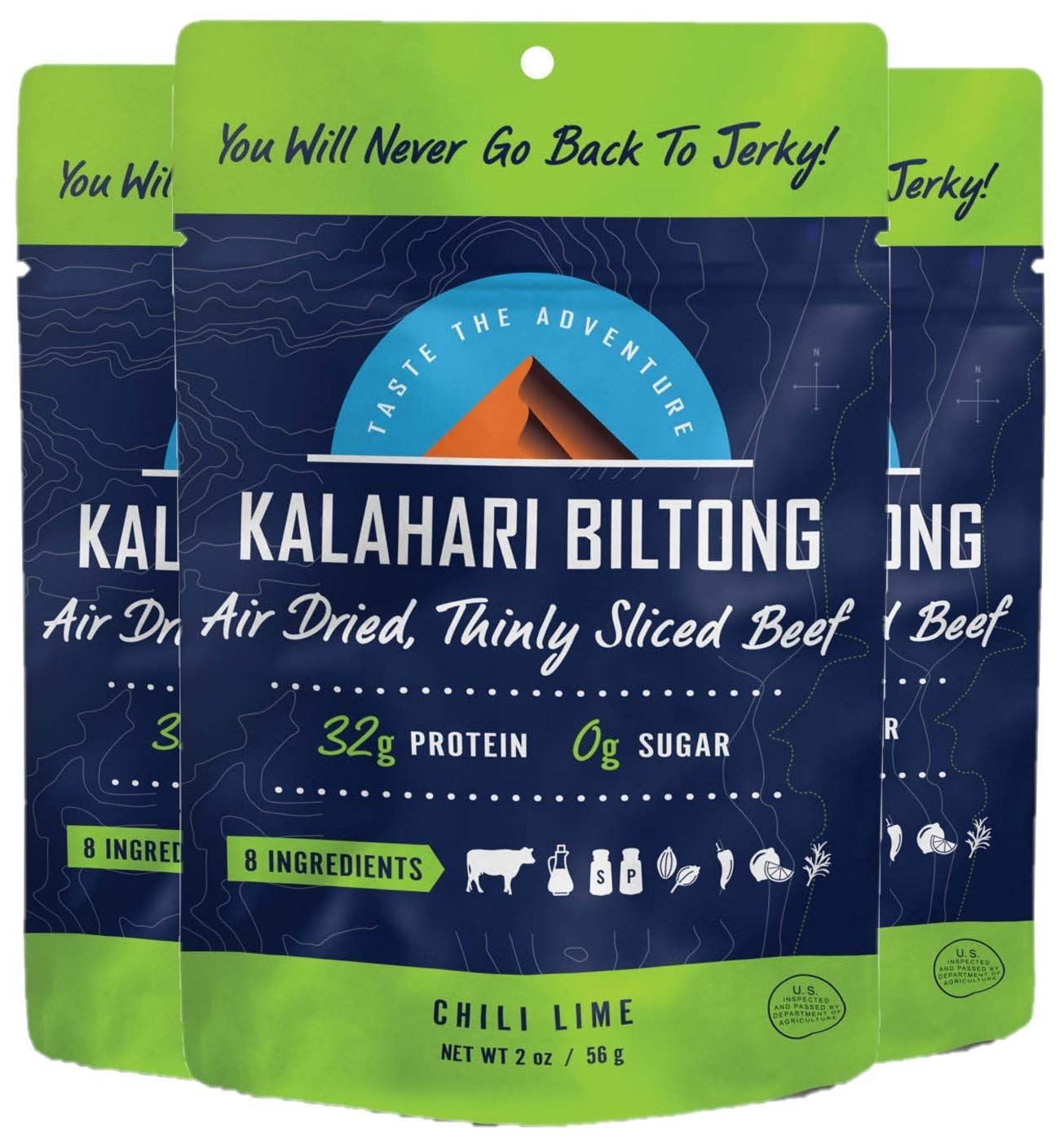 Lime Chili Kalahari Biltong, Air-Dried Thinly Sliced Beef, 2oz (Pack of 3), Sugar Free, Gluten Free, Keto &amp; Paleo, High Protein Snack