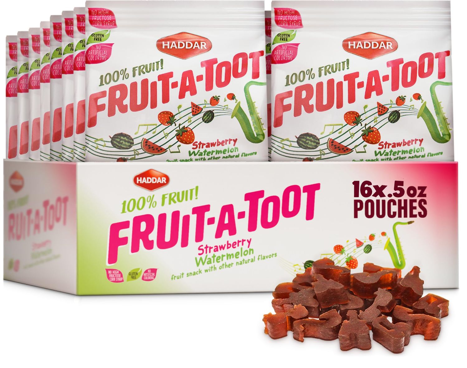 Fruit A Toot - Musical Shaped Strawberry Watermelon Real Fruit Snack Jellies, Made from 100% Fruit (16 Fruit Packs) No Artificial Colors or Flavors |Dye Free | Fish Free | Kosher