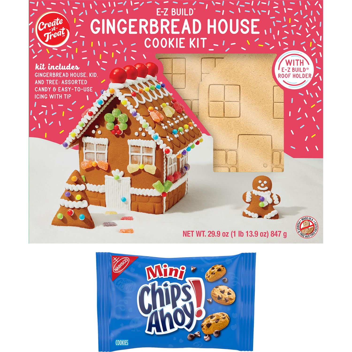 Create-A-Treat E-Z Build Gingerbread House Decorating Kit, Holiday Gift, 29.9 oz  Bonus CHIPS AHOY Mini Cookie Snack Pack