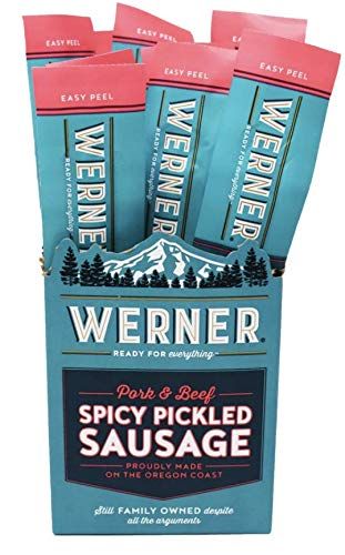 Werner Spicy Pickled Sausage Pack of 12 - Pork &amp; Beef Sausages 1.7 Ounce Individually Wrapped Meat Snacks