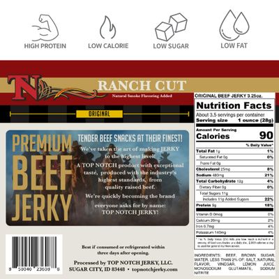 Top Notch Ranch Cut Jerky - 3.25 oz Bag of Beef Jerky - High Protein Snacks for Kids and Adults - Flavorful Strips of Premium Beef Jerky
