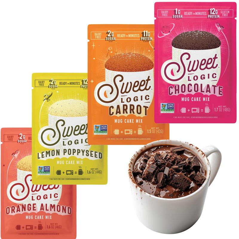 Sweet Logic Keto Dessert Mug Cake Mixes - Variety Pack - Triple Chocolate, Carrot Cake, Lemon Poppyseed, &amp; Orange Almond - Low Sugar - Low Carb - Gluten-Free - High Protein - All Natural (4 Pack)