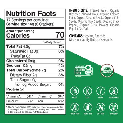 Julian Bakery Paleo Thin Crackers | Salt &amp; Pepper | USDA Organic | Gluten-Free | Grain-Free | GMO Free | Low Carb | 1 Pack