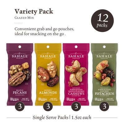Sahale Snacks Glazed Mix Nut Blend Variety Pack, 1.5 Oz Grab &amp; Go Bags (12 Total Packs) - Four Different Dry-Roasted Deluxe Mixed Nuts Blends Included - Non-GMO Kosher &amp; Certified Gluten-Free Snacks