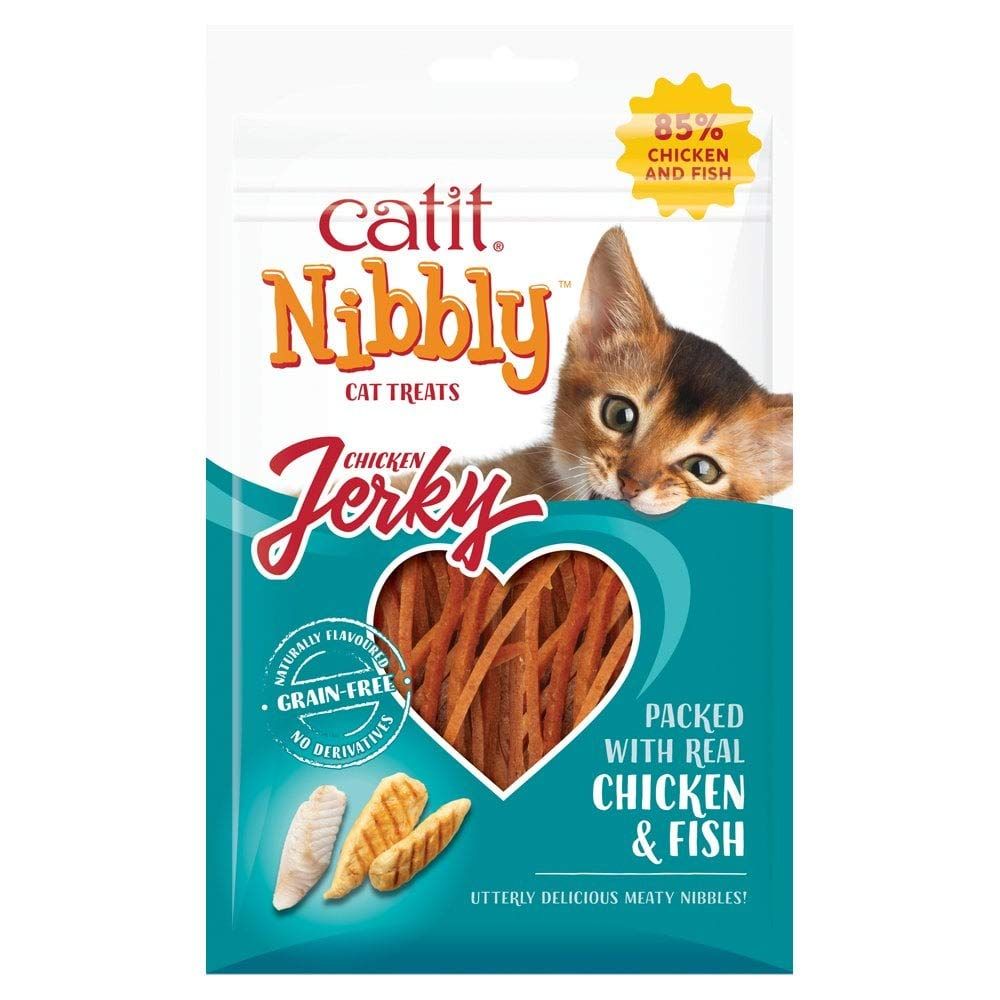 Catit Nibbly Jerky Cat Treats, Chicken &amp; Fish Recipe - Grain-Free Cat Treat White 1 Ounce (Pack of 1)