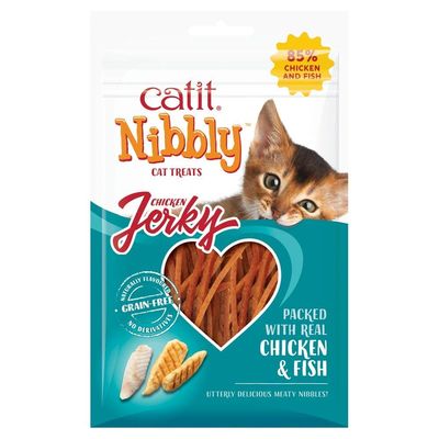 Catit Nibbly Jerky Cat Treats, Chicken &amp; Fish Recipe - Grain-Free Cat Treat White 1 Ounce (Pack of 1)