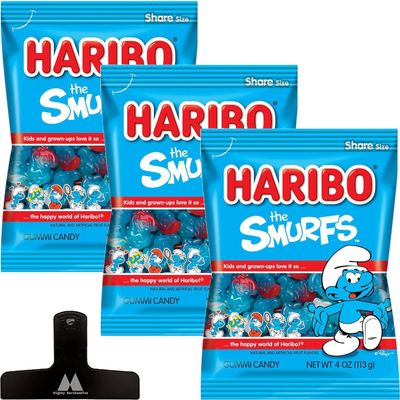 Haribo Smurf Gummies Candy - 4 oz Bags (Pack of 3) - Light Sugar Coated Gummy - With Mighty Merchandise Bag Clip