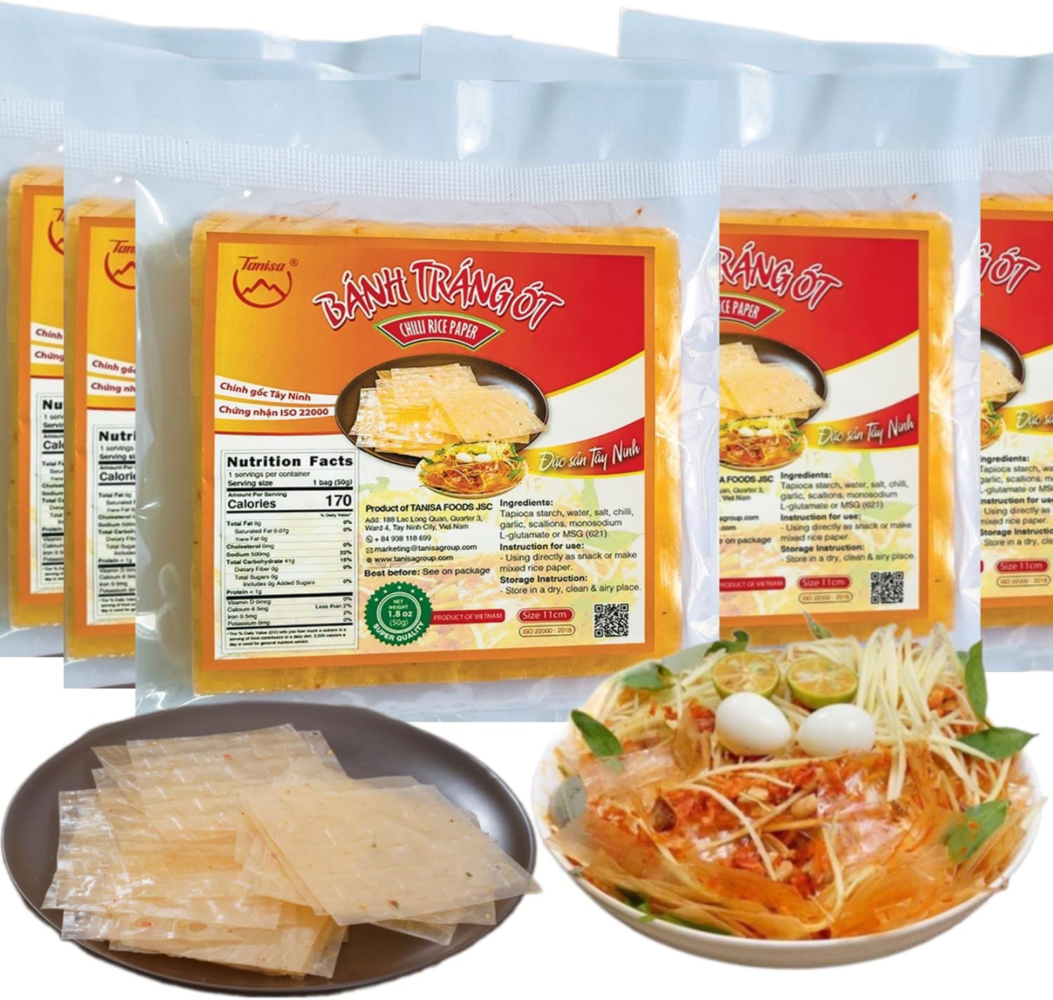 TANISA Chilli Rice Paper - Vietnamese Dried Spicy Rice Paper Snacks (11cm, Square, 1.8 oz) - Banh Trang Ot, Dried Chili, Gluten - Free, Snack Size, Non GMO, Vegan (Pack 5, 9, Ounce)