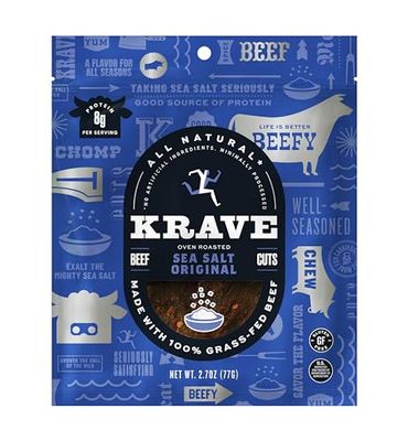 KRAVE All Natural Beef Jerky, Sea Salt - Protein Packed Snacks Roasted for Maximum Flavor - 100% Grass Fed Beef - Gluten Free - 2.7 Ounce