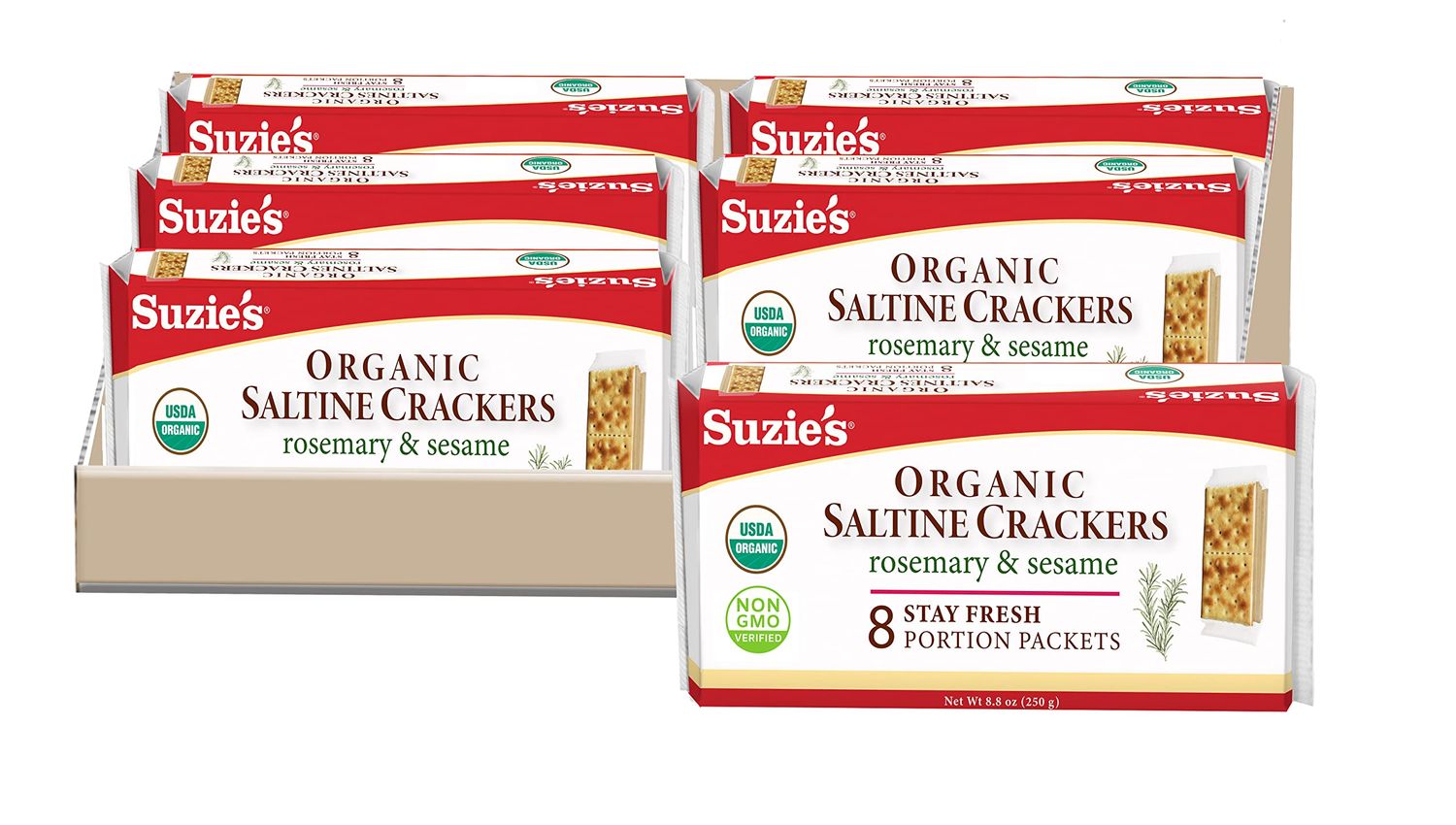 Suzie&#39;s Organic Saltines Crackers, Rosemary Sesame, Healthy Gourmet Baked Snack Goodies for Adults &amp; Children - 6 Pack, 8.8oz Each
