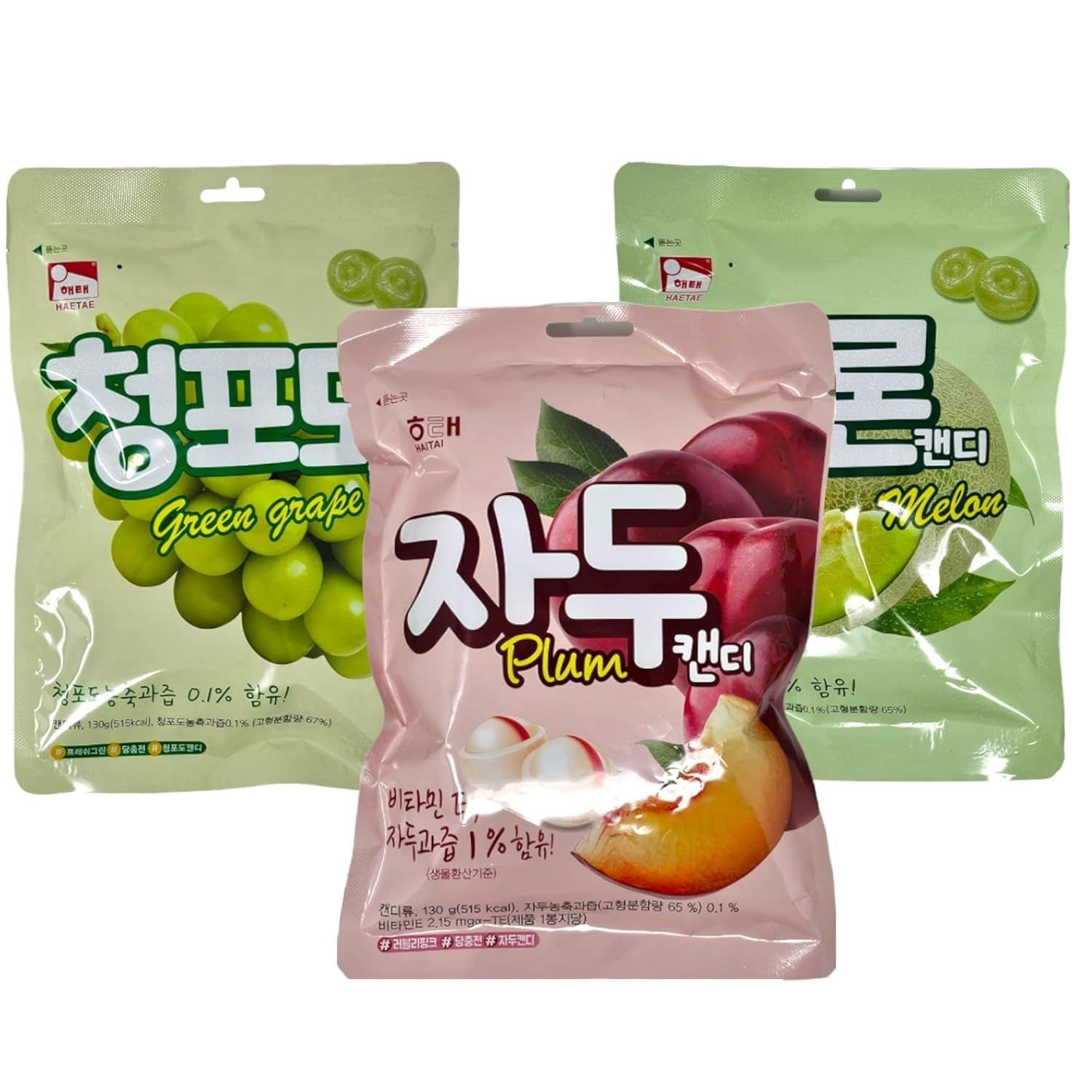 Haetae K-Food Snack Korean Melon Hard Candy, Green Grape Hard Candy, Plum Hard Candy (Variety 3pk: 130g each) Haitai