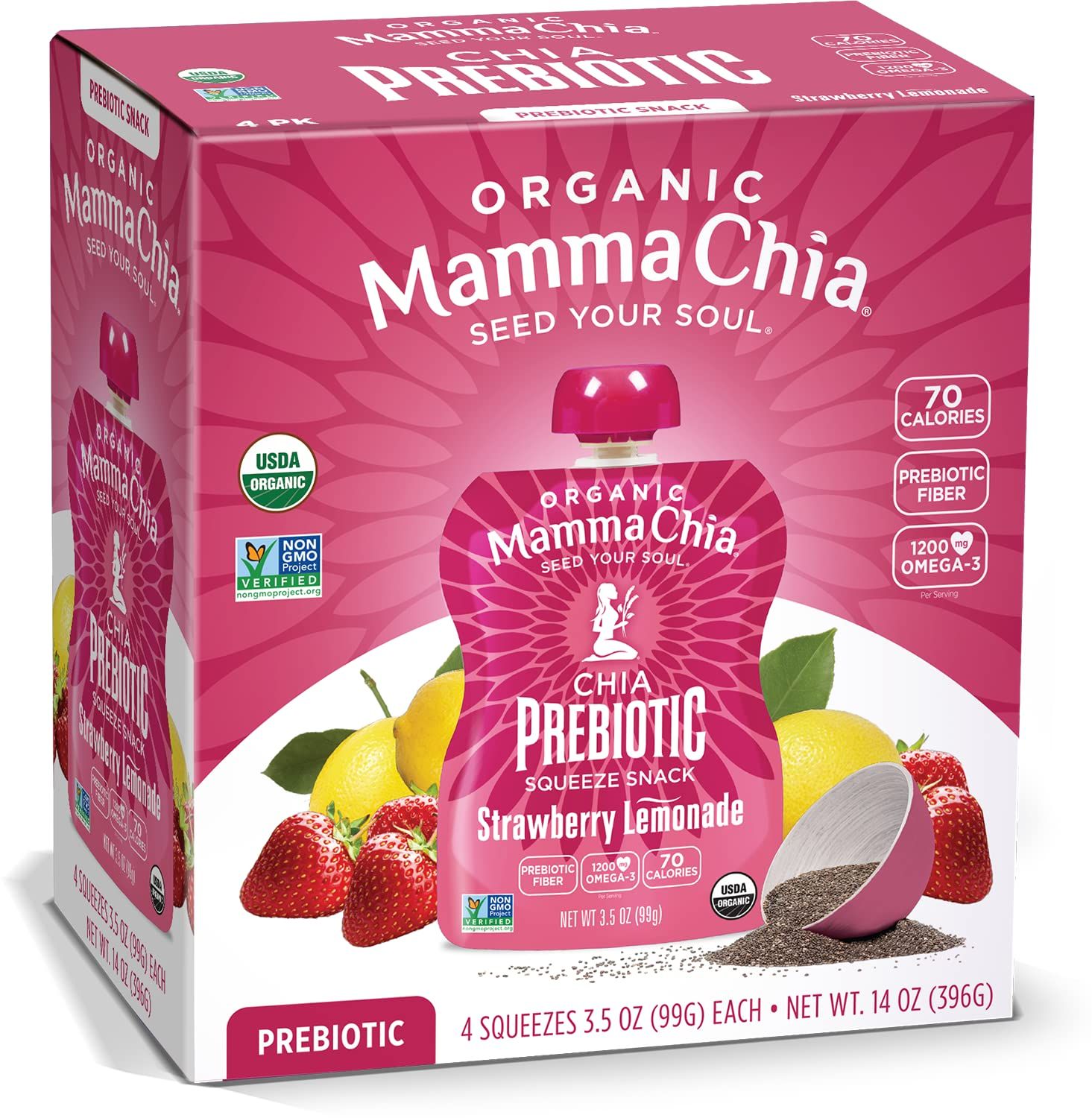 Mamma Chia Organic Prebiotic Squeeze Snack, Strawberry Lemonade, Fiber-Rich Prebiotic Gut Support,USDA Organic, Non-GMO, Vegan, Gluten Free, 3.5 Ounce (Pack of 4)