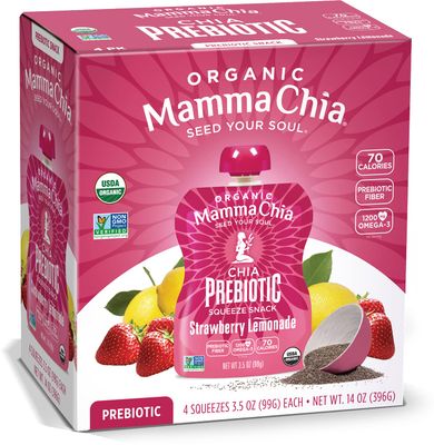 Mamma Chia Organic Prebiotic Squeeze Snack, Strawberry Lemonade, Fiber-Rich Prebiotic Gut Support,USDA Organic, Non-GMO, Vegan, Gluten Free, 3.5 Ounce (Pack of 4)
