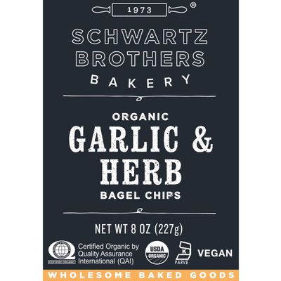 Garlic & Herb Bagel Chips NY Style Bagel Crisps. Organic, Vegan, Kosher. From the artisans of Schwartz Brothers Bakery. Baked Fresh. Twice Baked. 8 ounce container. Great Snack. Delicious. Pack of 4.