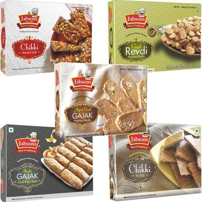 Jabsons - 5 Assorted Traditional Sweet Combo (Chikki Til Gud, Agra Gud Gajak, Gud Kaju Roll, Gud Revdi, Chikki Peanut Gud), 400g each