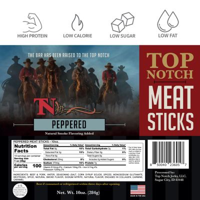 Top Notch Meat Sticks - 10 oz Bag of Beef Jerky Sticks - High Protein Snacks for Kids and Adults - Flavorful Sticks of Premium Beef Jerky (Peppered)