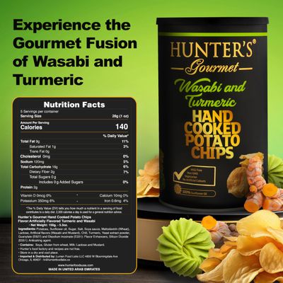 Hunter's Hand-Cut Chips | No Trans Fat | Made with 100% Sunflower Oil | Wasabi &amp; Turmeric Flavor | Gourmet Travel Snack | Halal | Vegetarian | Gluten-Free Chips | Pack of 4 | 150g