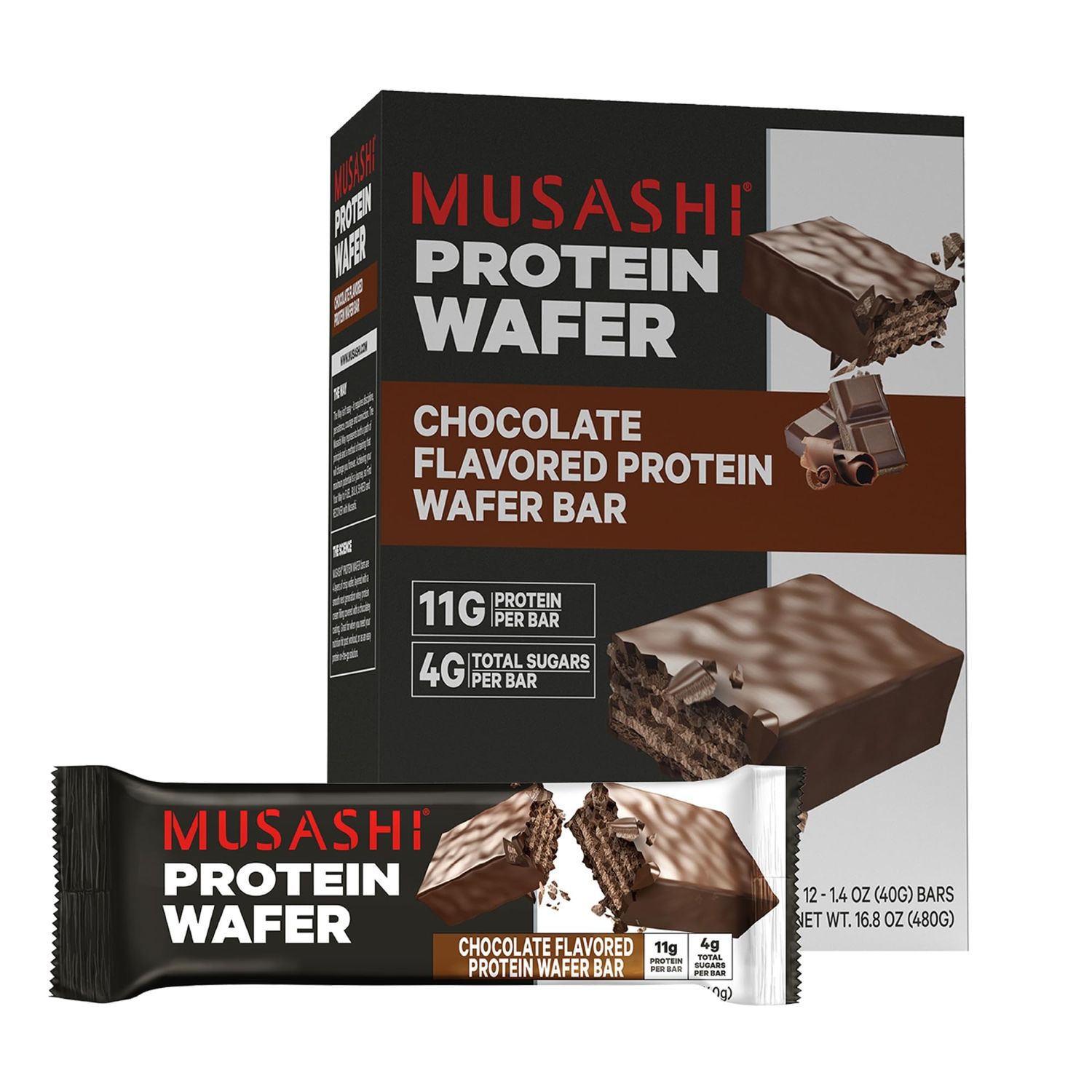 MUSASHI Protein Wafer Bar, 11g Protein, 4g Total Sugars, Chocolate Flavored, Post Workout and Protein Snack On The Go, 12 Pack of 1.4oz (40g) Bars