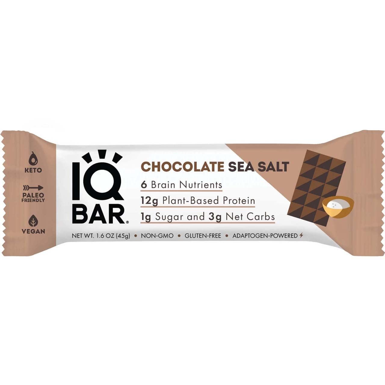 IQBAR Brain and Body Keto Protein Bar - Chocolate Sea Salt Keto Bar - Energy Bar - Low Carb Protein Bar - High Fiber Vegan Bar and Low Sugar Meal Replacement Bar - Vegan Snack,1.6 Ounces