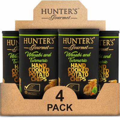 Hunter&#39;s Hand-Cut Chips | No Trans Fat | Made with 100% Sunflower Oil | Wasabi &amp; Turmeric Flavor | Gourmet Travel Snack | Halal | Vegetarian | Gluten-Free Chips | Pack of 4 | 150g
