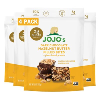 JOJO&#39;s Dark Chocolate Hazelnut Filled, Healthy Snack, Low Sugar, Low Carb, Gluten Free, Paleo &amp; Keto Friendly, Made with Plant Based Hemp Protein, Vegan (4 Count)