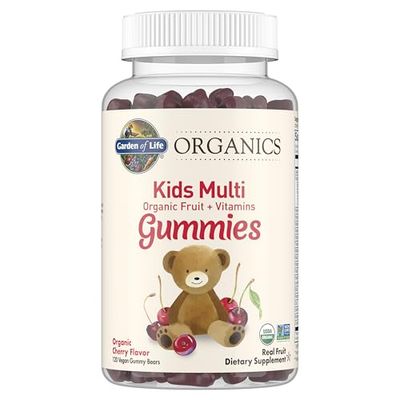 Garden of Life Organics Kids Gummy Vitamins, Certified Organic, Non-GMO &amp; Vegan Complete Children&#39;s - B12, C &amp; D3 Gluten, Soy &amp; Dairy Free Real Fruit Chew Gummies, Multi, Cherry, 120 Count